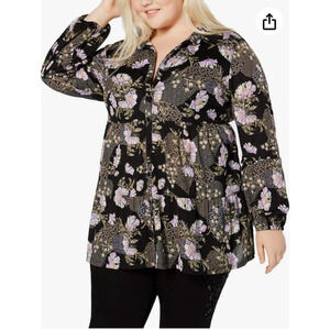 Style & Co Size 1X Tunic - Black Floral Tiered Ruffled Lightweight Blouse